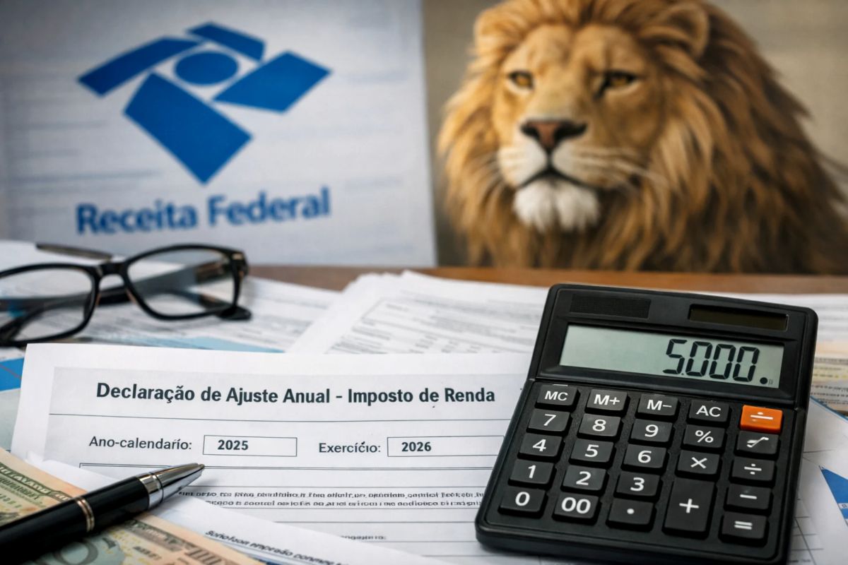 Documentos de Imposto de Renda, calculadora e materiais da Receita Federal representando mudanças no IR 2026.